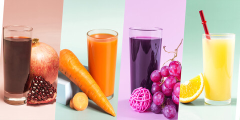 Collage of vivid photos of natural juices in close-up.