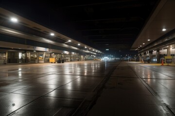 nighttime view of empty airport terminal with dimmed lighting, and distant sounds of airplanes, created with generative ai