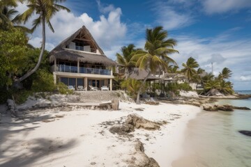 beachfront oasis surrounded by crystal-clear waters and white sands, created with generative ai