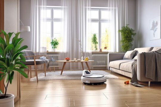 robot vacuum cleaning hardwood floor in modern living room, created with generative ai