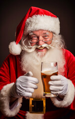 Joyful and smiling Santa Claus drinks a beer