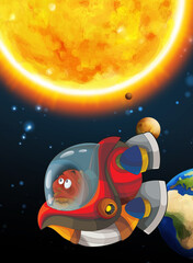 Cartoon funny colorful scene of cosmos galactic alien ufo space craft ship isolated illustration for children