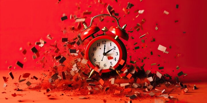 Exploding alarm clock on red background, concept of circadian rhythms, created with Generative AI technology