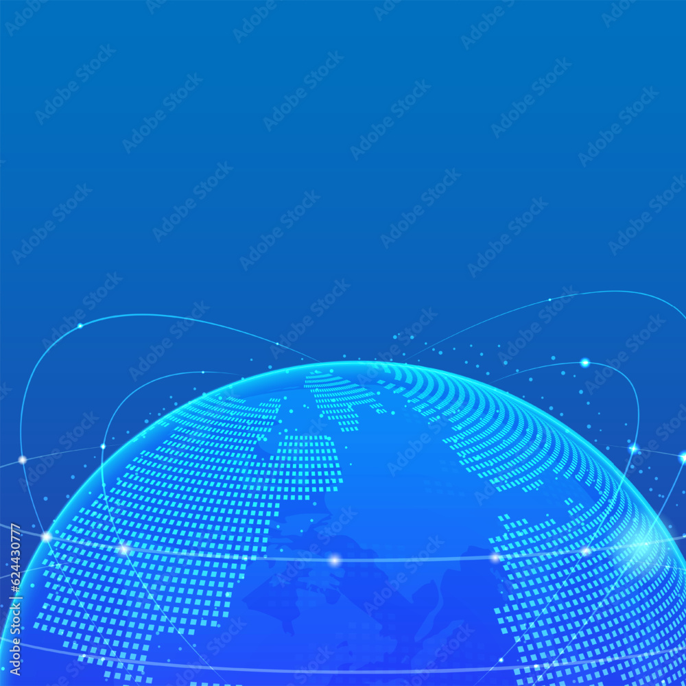 Poster Blue futuristic global network connection with earth planet with data oval line communication vector background.