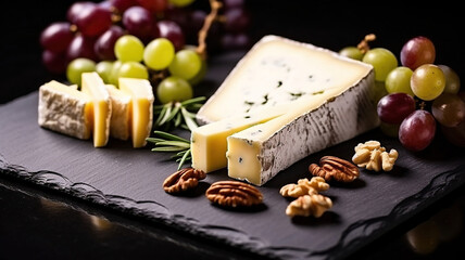 Delectable Fresh Sliced Cheese, Ripe Grapes, Nuts, and Rosemary Sprigs on a Rustic Black Board. Generative AI