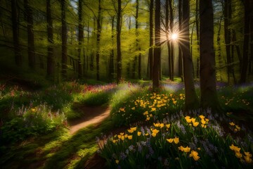 Fototapeta na wymiar sun rays in the forest AI GENERATED