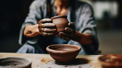 A female ceramist showing handmade pot while sitting in art workshop. Generative AI