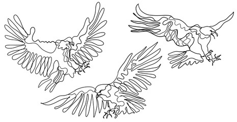 Set of Line Art Raptor Eagle Birds Drawing, Minimal One Line Illustration of Eagle Flying Ready to Hunt Prey