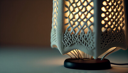 Close up of a table lamp in fiber art. Isolated with a solid copy space background Ai generated image