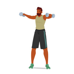 Fit Man Exercises With Dumbbells Isolated On White Background. Black Male Character Strengthening His Muscles