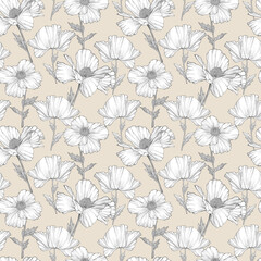 White Poppy flowers seamless pattern. Hand drawn sketch style. Nature background. Floral illustration.