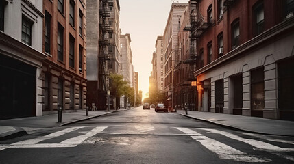 Fototapeta na wymiar Empty street at sunset time in city street. Generative AI