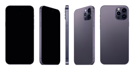 new smartphone frameless purple color with black screen saver front and backside view isolated on white background. mockup of realistic new mobile phone with shadow. vector 3d isometric illustration