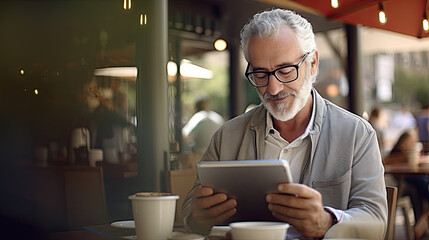 Portrait of modern senior man reading news using ebook in outdoor cafe. Digital ink technology - obrazy, fototapety, plakaty