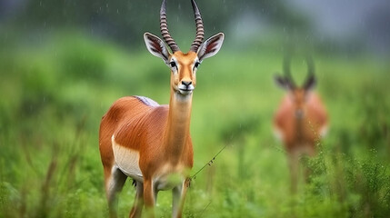 Naklejka na ściany i meble Kob antelope in the green vegetation during the rain, Cute antelope in the nature habitat, wildlife. Generative AI