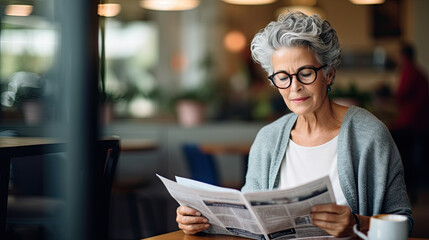 Fototapeta na wymiar Portrait of modern senior woman reading news using ebook in outdoor cafe. Digital ink technology