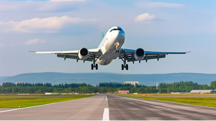 Fototapeta na wymiar White Passenger plane fly up over take-off runway from airport, Generative AI