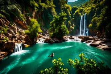 waterfall in the mountains surrounding with forest AI GENERATED