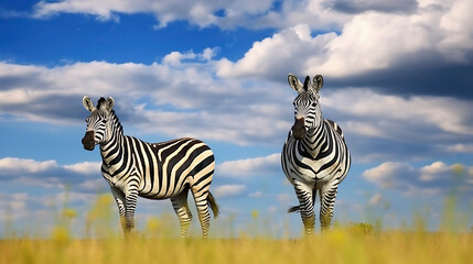 Fototapeta na wymiar Zebra with blue storm sky. Wild animal on the green meadow. Wildlife nature. Generative AI