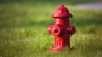 Bright red isolated fire hydrant sits in a freshly cut grass field, Generative AI - Powered by Adobe
