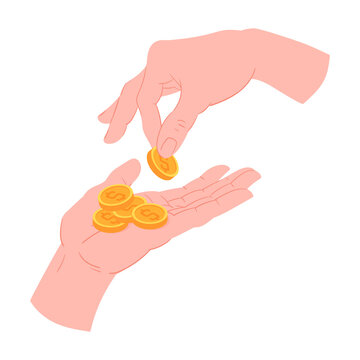 Hands with gold coins. Cartoon hand put coins to another hand, payment, savings or donations concept flat vector illustration. Human hand giving coins