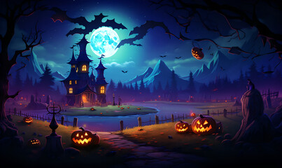 Halloween Night Party Fantasy Dungeon Game Background with Decoration (Grave, Pumpkin, Castle, Bat, Ghost, etc.) in Pixel Style