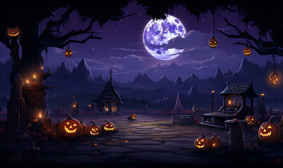 Halloween Night Party Fantasy Dungeon Game Background with Decoration (Grave, Pumpkin, Castle, Bat, Ghost, etc.) in Pixel Style