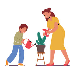 Nurturing Bond, Child And Mother Family Characters Sharing A Tender Moment While Watering A Houseplant