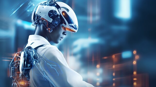 Robotic engineer working on developing a human-robot cyborg, illustrating the advanced and pioneering intersection of robotics, AI, and bioengineering. Exploration of human augmentation. Generative AI
