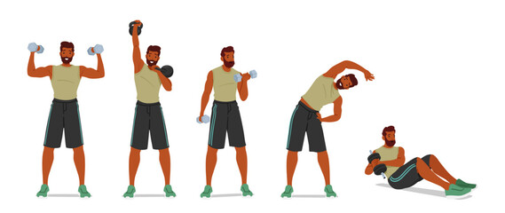 Fit Man Performs Dumbbell Exercise, Incorporating Tilting Movements To Engage Multiple Muscle Groups Vector Illustration