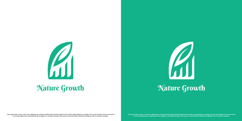 Green economy growth logo design illustration. Simple modern minimalist flat creative abstract silhouettes index bar chart financial business growth diagram nature plant leaves.