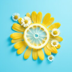 Sun made of lemon and yellow flower petals on bright blue background. Fruit summer minimal concept. Generative AI.