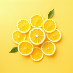 Obraz premium Sun made of lemon and yellow flower petals on bright yellow background. Fruit summer minimal concept. Generative AI.