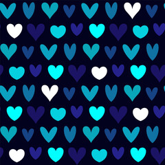 Small multi-colored hearts isolated on a dark blue background. Cute seamless pattern. Vector simple flat graphic illustration. Texture.