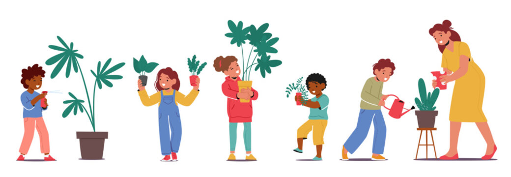 Children Care For Houseplants By Providing Water, Sunlight. Kids Characters Learn Responsibility, Vector Illustration