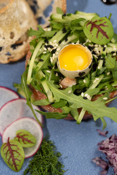 Salmon tartar served with fresh quail egg and fresh greens top view macro 