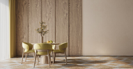 Cozy living room interior with wood wall panels. Interior mockup, 3d render 