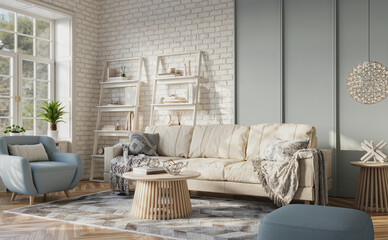 Bright living room interior with birk walls and cozy furniture, 3d render 