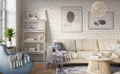 Bright living room interior with birk walls and cozy furniture, 3d render 