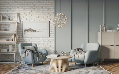 Bright living room interior with birk walls and cozy furniture, 3d render 