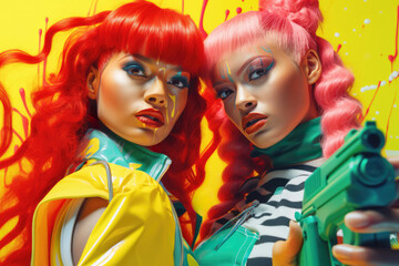 Two women with colorful hair in colorful latex outfits holding water guns. Generative AI