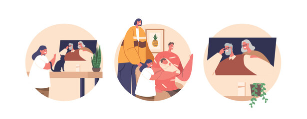 Isolated Round Icons Of New Parents Characters Connect With Grandparents Via Video Conference To Share Newborn