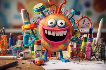 funny school character smiling in classroom with blurred background, Generative AI