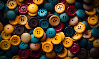 Background of colored wooden buttons of different sizes.
