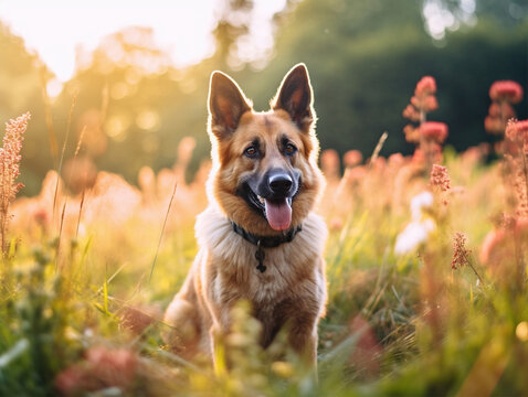 dog in the grass at sunset,created with generative ai tecnology.