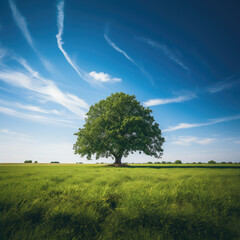 Fototapeta na wymiar a big tree in the centre, grass all around, blue sky 