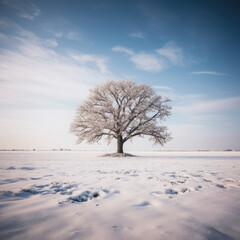 a big tree, an empty field with snow all around