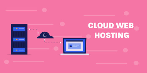 Cloud hosting service. Company offering cloud servers. Web hosting service. Cloud based web hosting. Vector illustration background