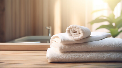 Obraz na płótnie Canvas Blurred bathroom interior background and white spa towels on wood, Blurry background, template, Bokeh, Copy Space, Generative AI