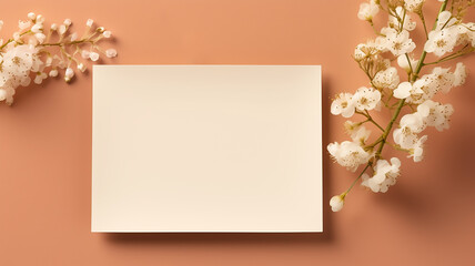 Blank paper sheet card with mockup copy space and dry floral branch and blanket cloth on neutral beige background. wedding invitation, Blurry background, template, Bokeh, Copy Space, Generative AI